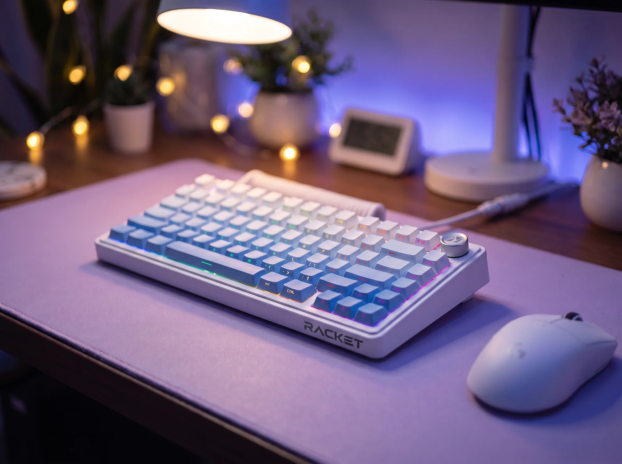 RACKET K75 in Cloud Blue on a desk setup